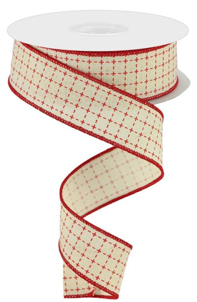 Cream/Red - Raised Stitched Squares/Royal Ribbon - 1-1/2 Inch x 10 Yards