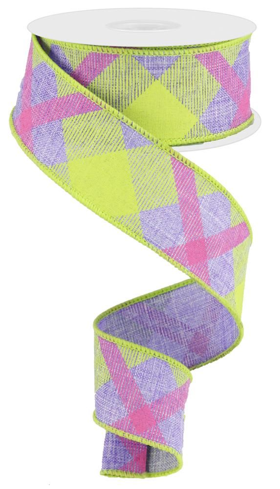 1.5 Inch x 10 Yards Printed Plaid On Royal Ribbon - Lav/Lime Green/Hot Pink