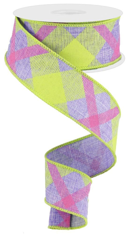 1.5 Inch x 10 Yards Printed Plaid On Royal Ribbon - Lav/Lime Green/Hot Pink