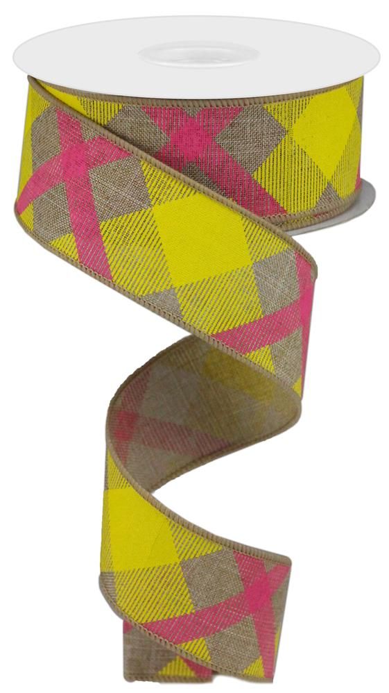 1.5 Inch x 10 Yards Printed Plaid On Royal Ribbon - Light Beige/Yellow/Hot Pink