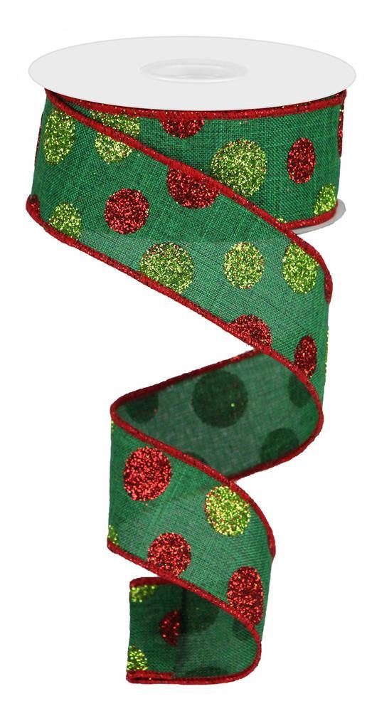 1.5 Inch x 10 Yards Multi Size Glitter Dots/Royal Ribbon - Emerald/Red/Green