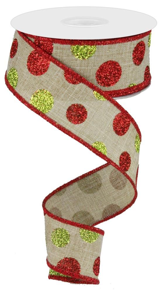 1.5 Inch x 10 Yards Multi Size Glitter Dots/Royal Ribbon - Light Beige/Red/Green