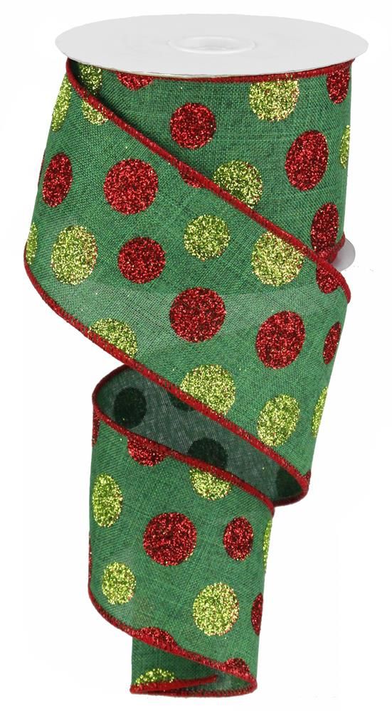 2.5 Inch x 10 Yards Multi Size Glitter Dots/Royal Ribbon - Emerald/Red/Green