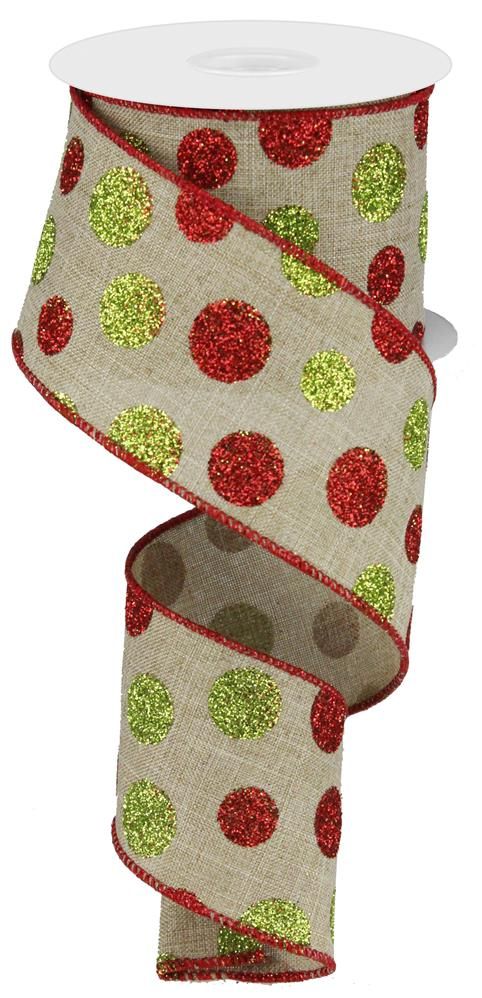 2.5 Inch x 10 Yards Multi Size Glitter Dots/Royal Ribbon - Light Beige/Red/Green