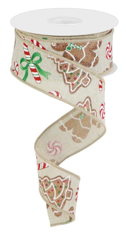 1.5 Inch x 10 Yards Gingerbread with Candy On Royal Ribbon - Light Natural/Red/Emerald/Brown