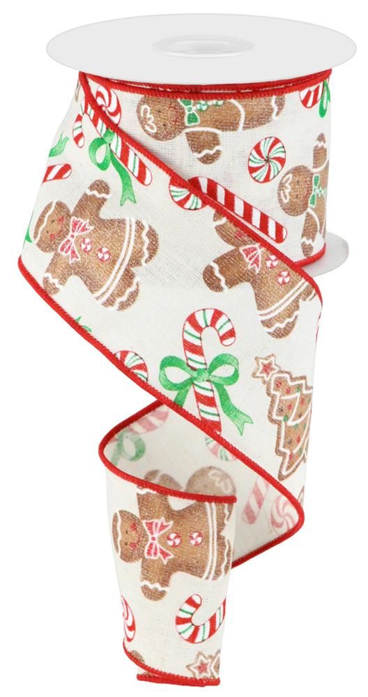 2.5 Inch x 10 Yards Gingerbread On Cotton Burlap Ribbon - Ivory/Red/Emerald/Brown