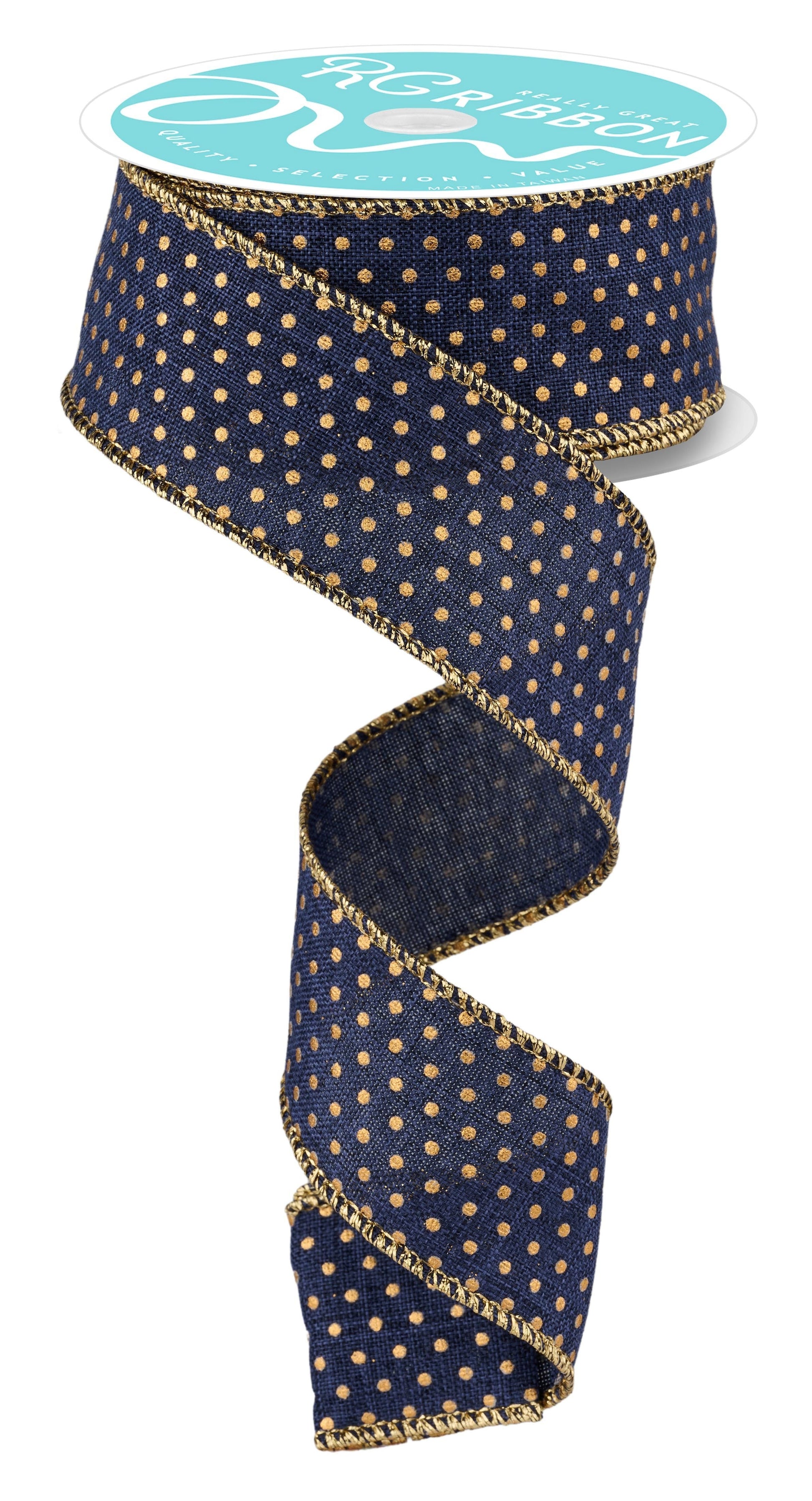 1.5 Inch x 10 Yards Royal Swiss Dots Ribbon - Navy/Gold