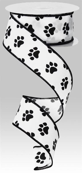 Pre-Order Now Ship On May 30th 2024 - White/Black - Paw Print Ribbon - 1-1/2 Inch x 10 Yards