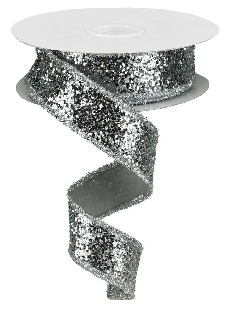 1.5 Inch x 10 Yards Large Glitter/Tinsel Ribbon - Silver