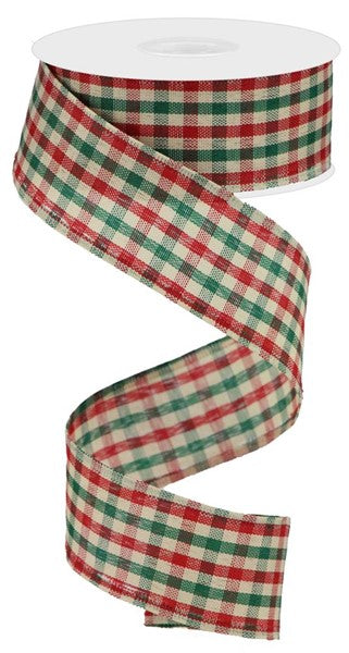Pre-Order Now Ship On 30th May - Red/Emerald Green/Cream - Woven Gingham Check Ribbon - 1-1/2 Inch x 10 Yards