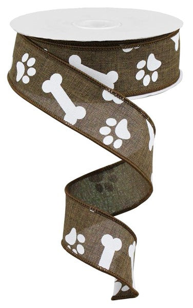 Pre-Order Now Ship On 30th May - Brown/White - Paw Print/Bones On Royal Ribbon - 1-1/2 Inch x 10 Yards