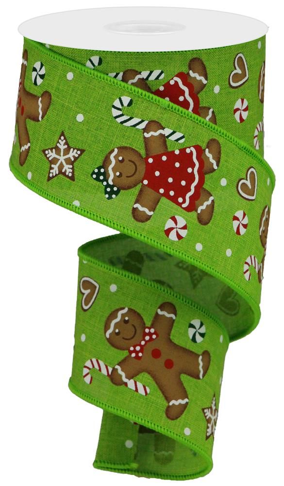 2.5 Inch x 10 Yards Gingerbread On Royal Ribbon - Fresh Green/Tan/Red/Emerald