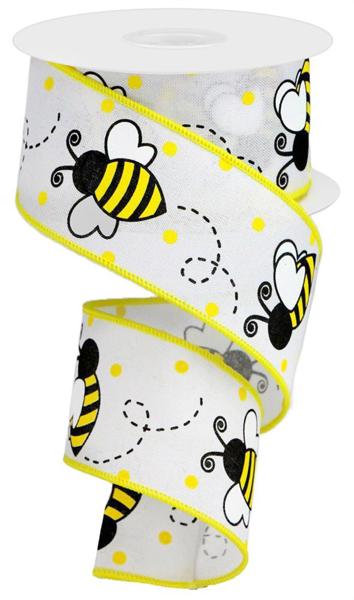 White/Yellow/Black - 2.5" x 10yd Bumblebee On Faux Royal - Wired Edge