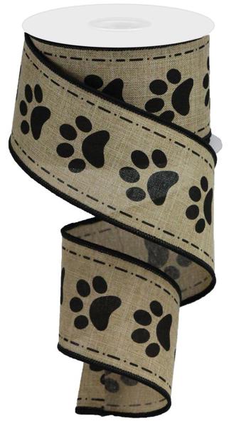 Pre-Order Now Ship On 30th May - Light Beige/Black - Paw Prints On Royal Ribbon - 2-1/2 Inch x 10 Yards