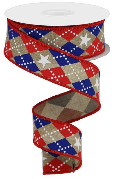 Pre-Order Now Ship On 16th May - Light Beige/Red/White/Blue - Argyle Stars On Royal Ribbon - 1.5 Inch x 10 Yards