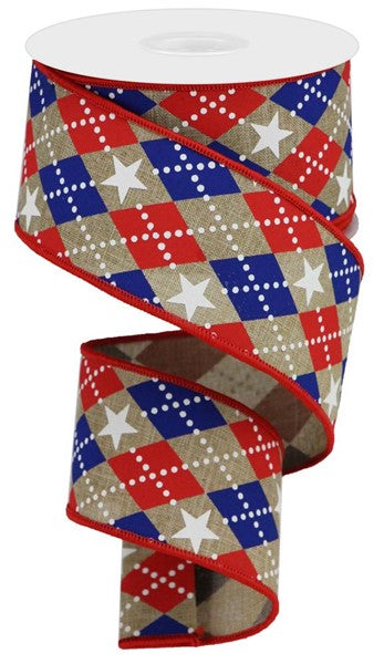 Pre-Order Now Ship On 16th May - Light Beige/Red/White/Blue - Argyle Stars On Royal Ribbon - 2.5 Inch x 10 Yards