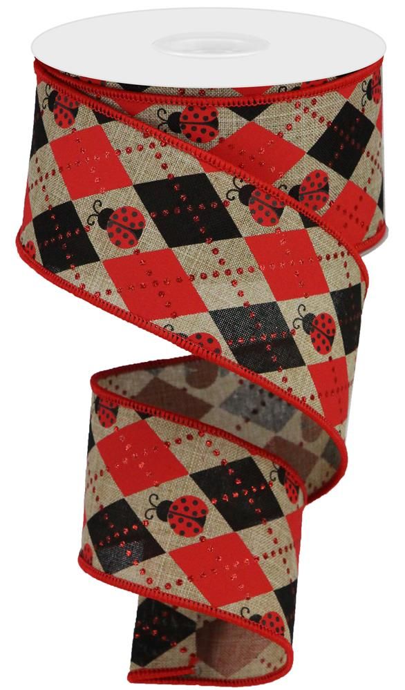2.5 Inch x 10 Yards Argyle Ladybugs On Royal Ribbon - Light Beige/Red/Black