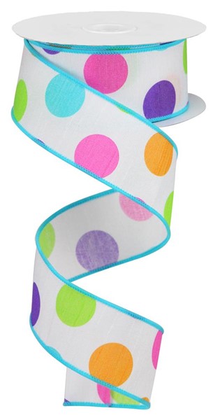 Pre-Order Now Ship On 30th May - White/Purple/Pink/Orange/Lime/Turquoise - Multi Polka Dots/Faux Dupioni Ribbon - 1-1/2 Inch x 10 Yards