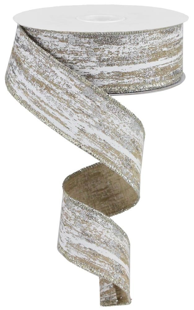 1.5 Inch x 10 Yards Glitter/Metallic Streaks Ribbon - Light Beige/White/Silver