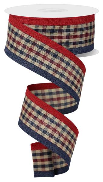 Pre-Order Now Ship On May 30th 2024 - Navy Blue/Burgundy/Beige - Gingham/Royal Ribbon - 1-1/2 Inch x 10 Yards