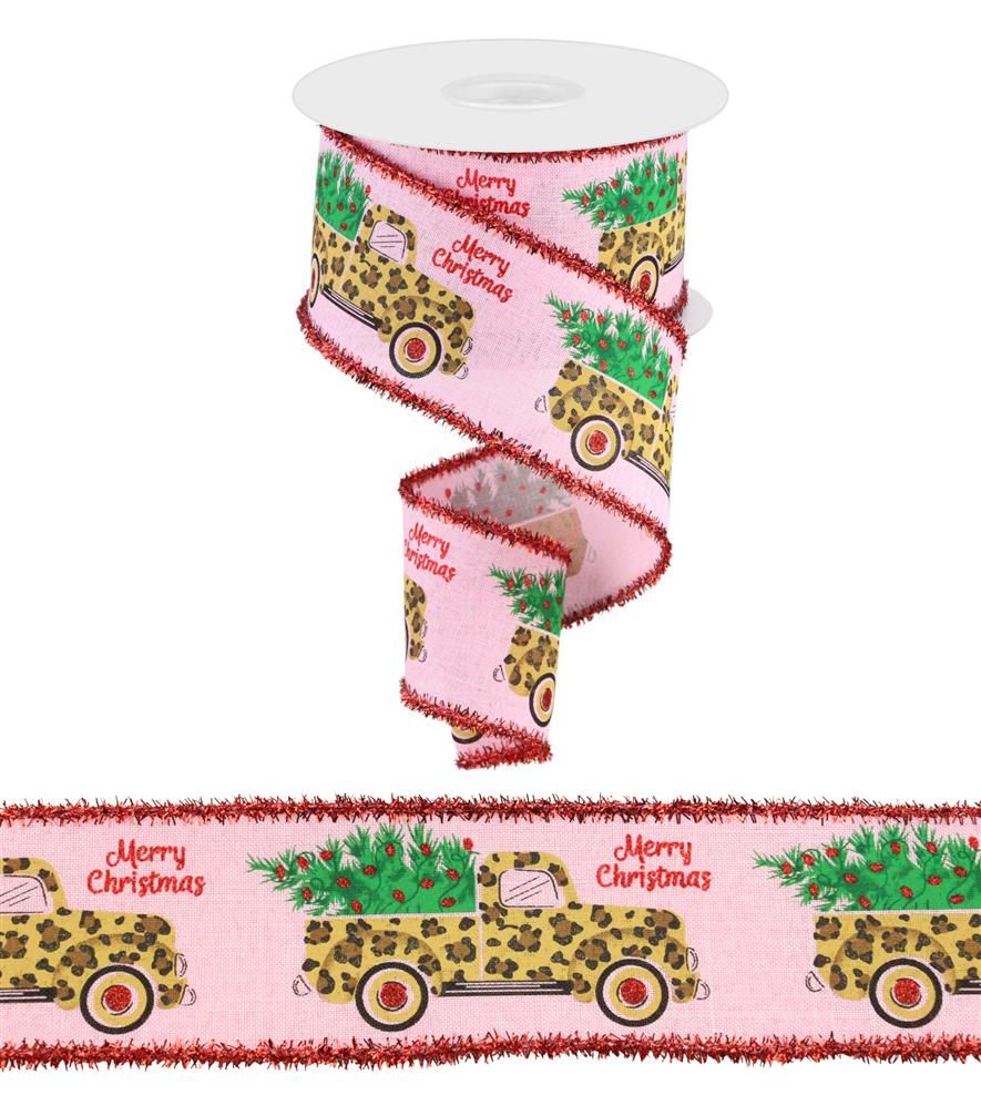 2.5 Inch x 10y Leopard Truck/Tree/Royal/Tinsel Ribbon - Light Pink/Dark Gold/Brown/Black/Green