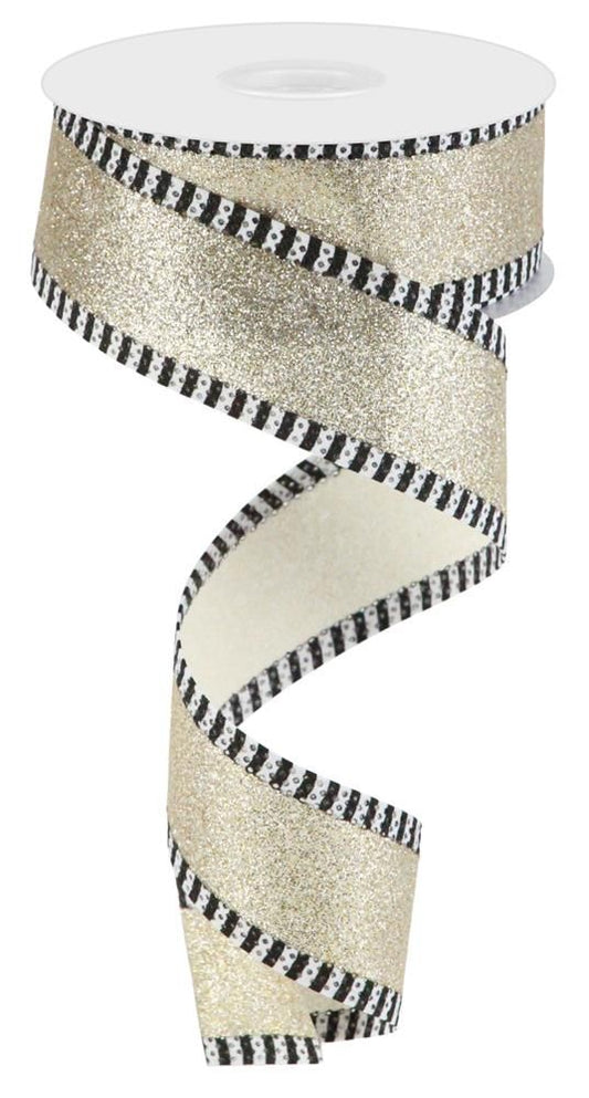 1.5 Inch x 10 Yards Shimmer Glitter/Stripe Ribbon - Champagne/Black/White