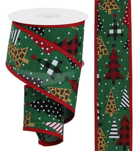 2.5 Inch x 10 Yards Patterned Trees On Royal - Emerald/Red/Light Tan/Brown/Black