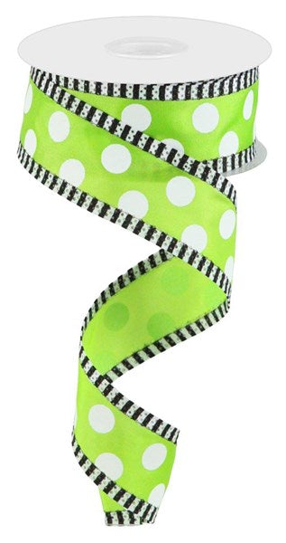 Pre-Order Now Ship On May 30th 2024 - Lime/White - Large Polka Dot/Stripe Ribbon - 1-1/2 Inch x 10 Yards