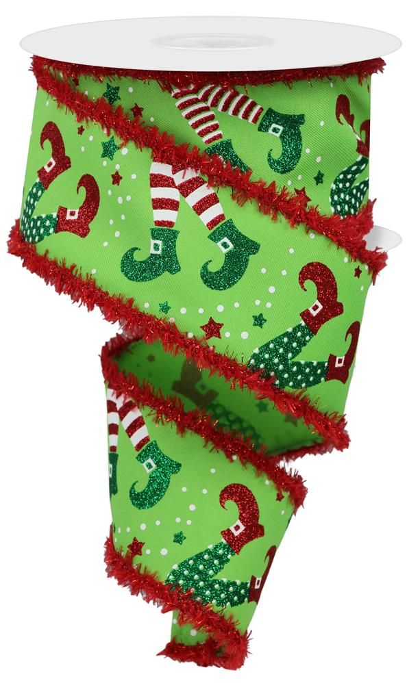 2.5 Inch x 10 Yards Elf Legs/Drift/Tinsel Ribbon - Lime/Red/Emerald/White