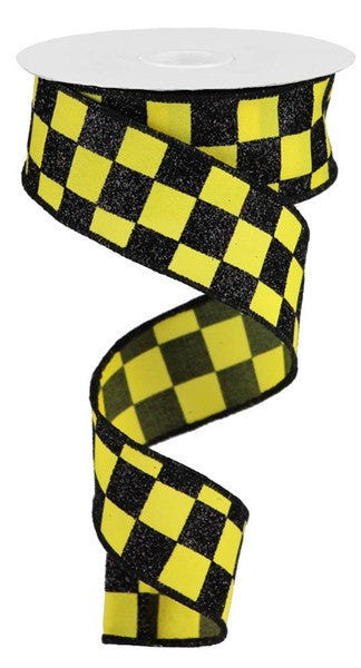 Pre-Order Now Ship On 30th May - Yellow/Black - Glitter Check Ribbon - 1-1/2 Inch x 10 Yards