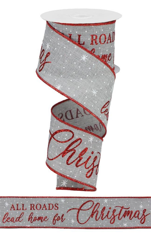 2.5 Inch x 10 Yards Home For Christmas/Royal Ribbon - Light Grey/Red/White