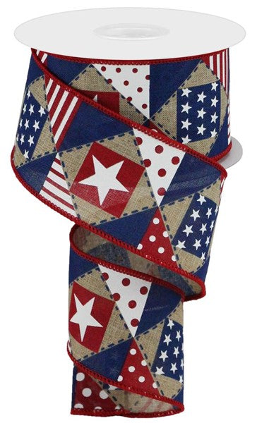 Light Beige/White/Red/Blue - Patriotic Patchwork/Royal Ribbon - 2.5 Inch x 10 Yards