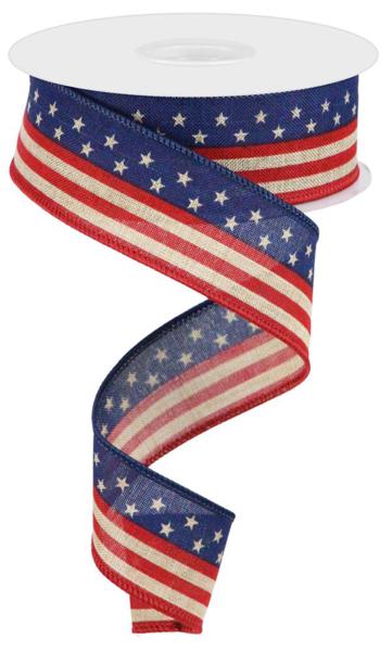 Light Beige/Royal Blue/Red - Stars And Stripes On Royal Ribbon - 1.5 Inch x 10 Yards