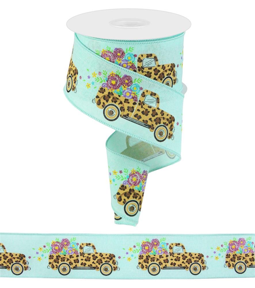 2.5 Inch x 10 Yards Leopard Truck/Flowers/Royal Ribbon - Mint Green/Multi