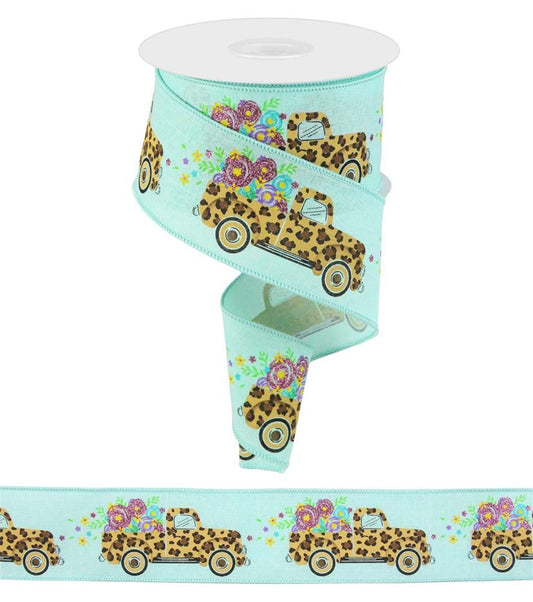 2.5 Inch x 10 Yards Leopard Truck/Flowers/Royal Ribbon - Mint Green/Multi