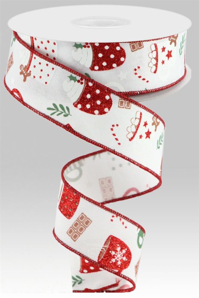 1.5 Inch x 10 Yards Hot Cocoa Ribbon - White/Sage/Brown/Red