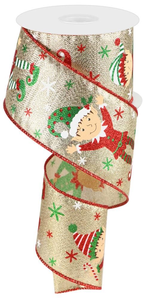2.5 Inch x 10 Yards Elves On Horizontal Metallic Ribbon - Gold/Red/Beige/Black/Brown/Green