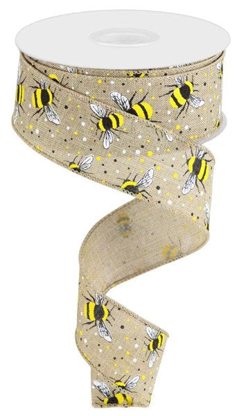 Pre-Order Now Ship On May 30th 2024 - Light Beige/Yellow/White/Black - Bumble Bee On Royal Ribbon - 1-1/2 Inch x 10 Yards