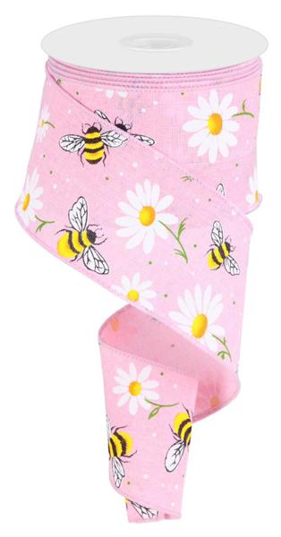 Yellow Bee White Daisy Light Pink Spring Ribbon - 2.5 inch x 10 yards - Wired Edge