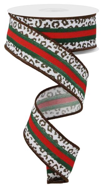 Pre-Order Now Ship On 30th May - White/Red/Emerald/Brown - Leopard/Ctr Stripes/Faux Ryl Ribbon - 1-1/2 Inch x 10 Yards