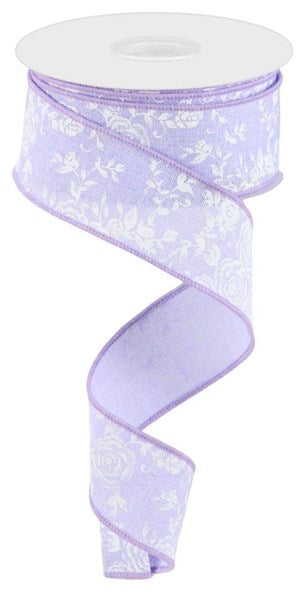 Lavender/White - Mini Rose On Royal Ribbon - 1-1/2 Inch x 10 Yards