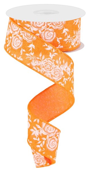 Pre-Order Now Ship On May 30th 2024 - New Orange/White - Mini Rose On Royal Ribbon - 1-1/2 Inch x 10 Yards