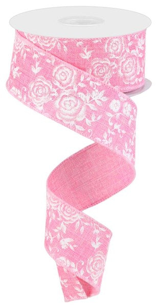 Pre-Order Now Ship On 30th May - Pink/White - Mini Rose On Royal Ribbon - 1-1/2 Inch x 10 Yards