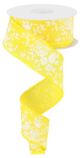 Pre-Order Now Ship On 30th May - Yellow/White - Mini Rose On Royal Ribbon - 1-1/2 Inch x 10 Yards