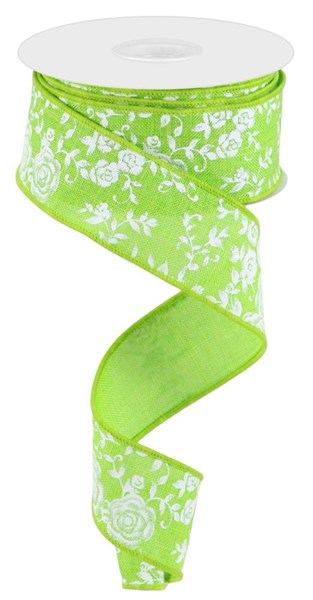 Pre-Order Now Ship On 30th May - Lime Green/White - Mini Rose On Royal Ribbon - 1-1/2 Inch x 10 Yards