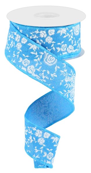 Pre-Order Now Ship On 30th May - Turquoise/Blue/White - Mini Rose On Royal Ribbon - 1-1/2 Inch x 10 Yards