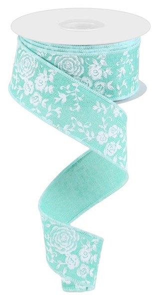 Pre-Order Now Ship On 30th May - Dark Mint/White - Mini Rose On Royal Ribbon - 1-1/2 Inch x 10 Yards