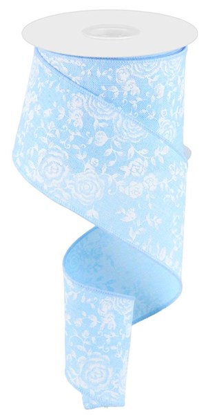 Pre-Order Now Ship On May 30th 2024 - Pale Blue/White - Mini Rose On Royal Ribbon - 2-1/2 Inch x 10 Yards