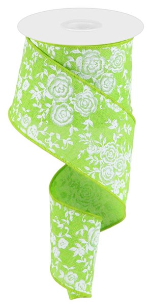 Light Green Ribbon Roses Lime Green/White - Mini Rose On Royal - 2.5 Inch x 10 Yards โ BBCrafts.com