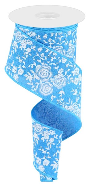 Pre-Order Now Ship On May 30th 2024 - Turquoise/Blue/White - Mini Rose On Royal Ribbon - 2-1/2 Inch x 10 Yards